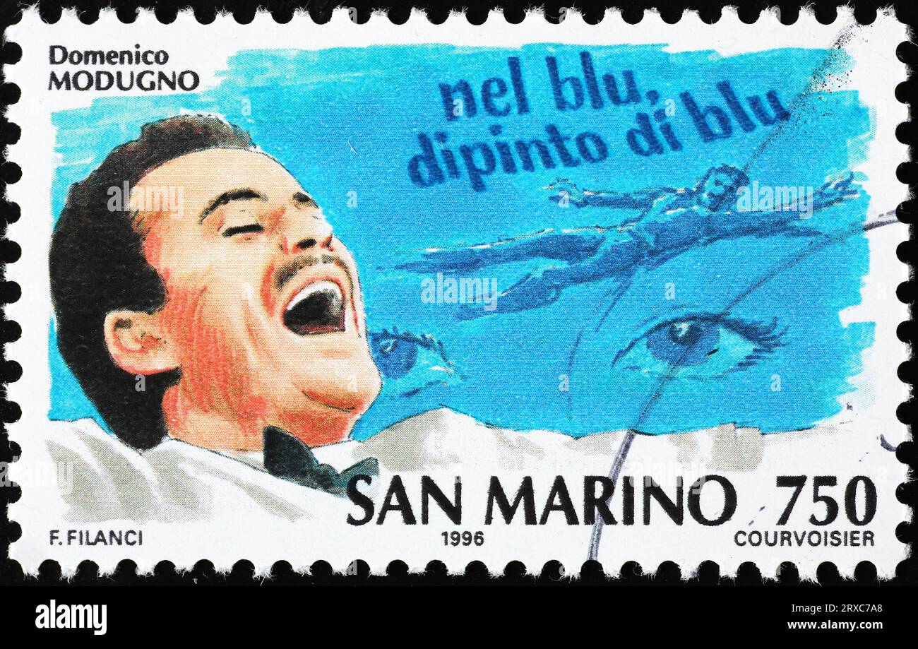 Song 'Nel blu Dipinto di blu' von Domenico Modugno auf Vintage-Stempel Stockfoto