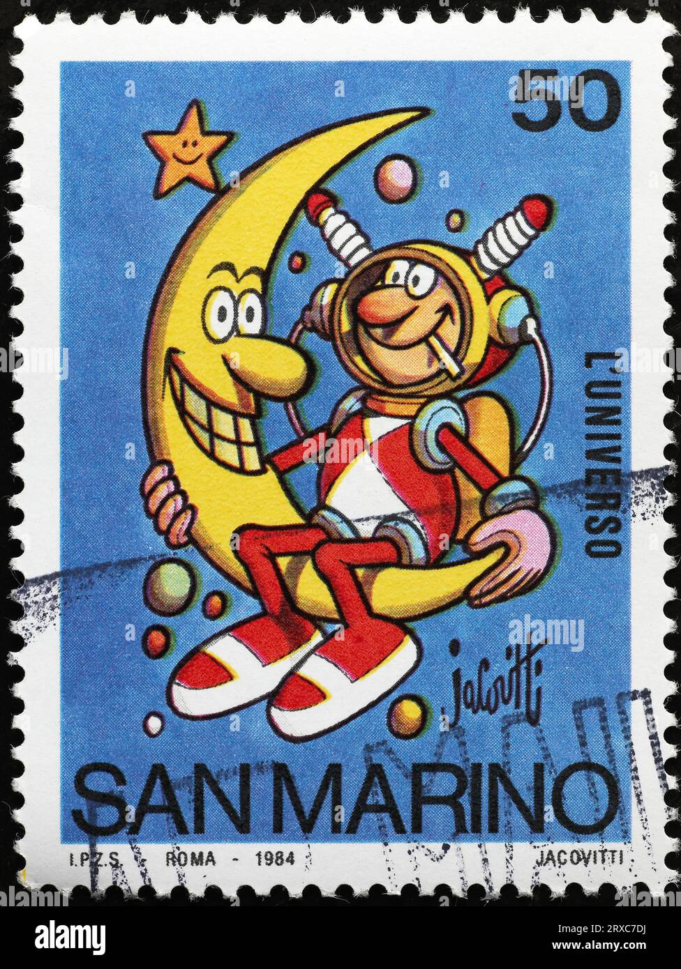 Der Mann auf dem Mond, der auf humorvolle Weise von Jacovitti auf Stempel gezeichnet wurde Stockfoto
