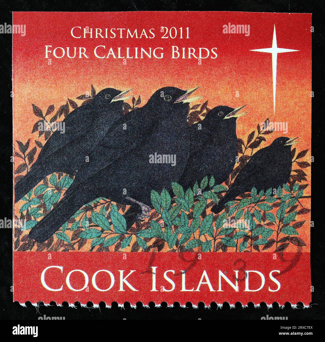 12 Tage Weihnachten - 4 rufende Vögel auf Briefmarken von Cook Islands Stockfoto