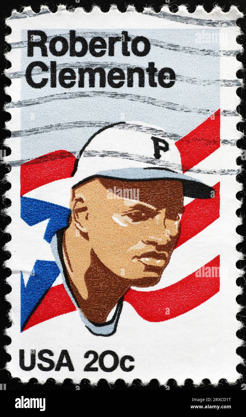 Baseballmeister Roberto Clemente auf amerikanischer Briefmarke Stockfoto