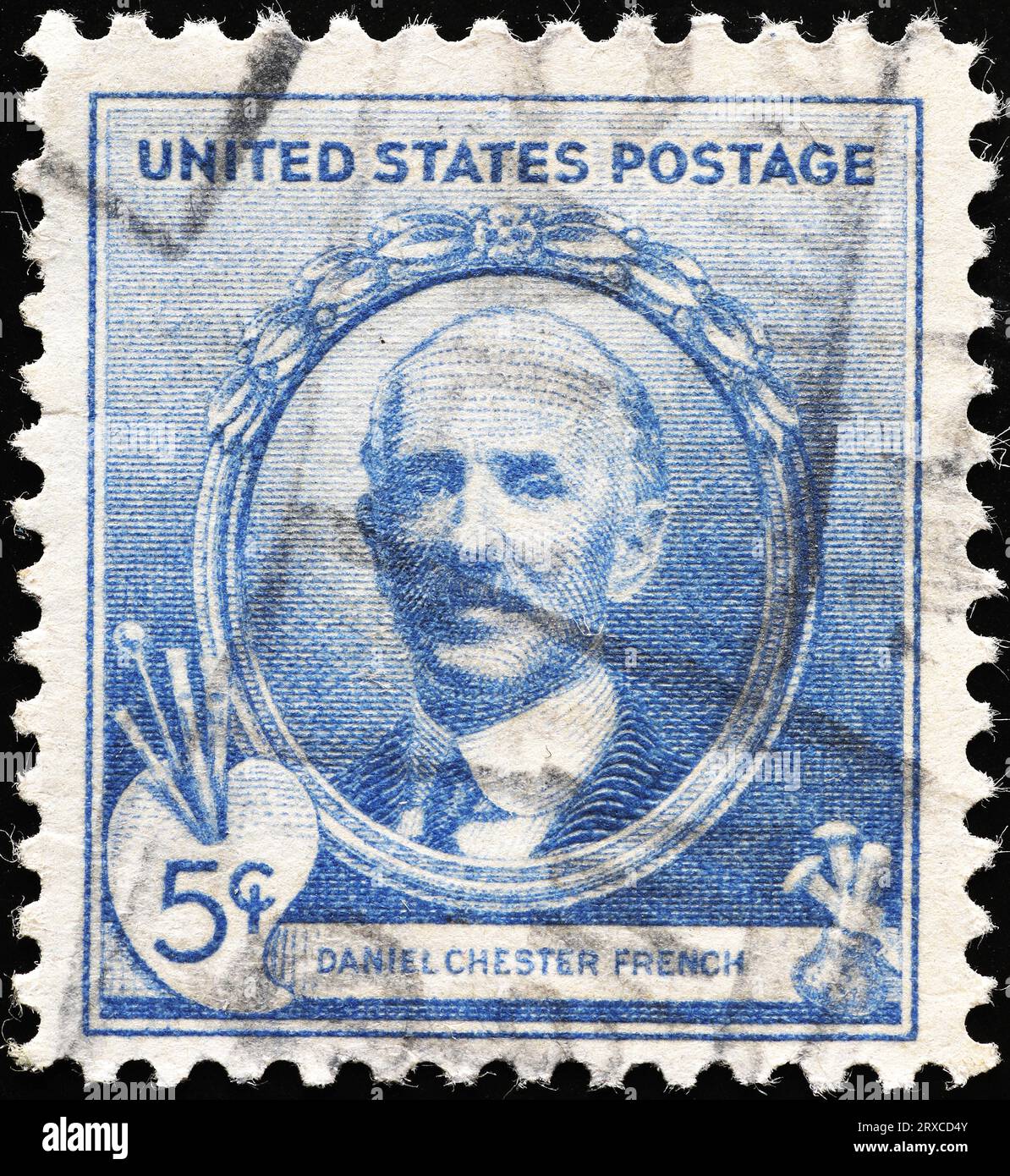 Amerikanischer Bildhauer Daniel Chester French auf Vintage-Briefmarke Stockfoto