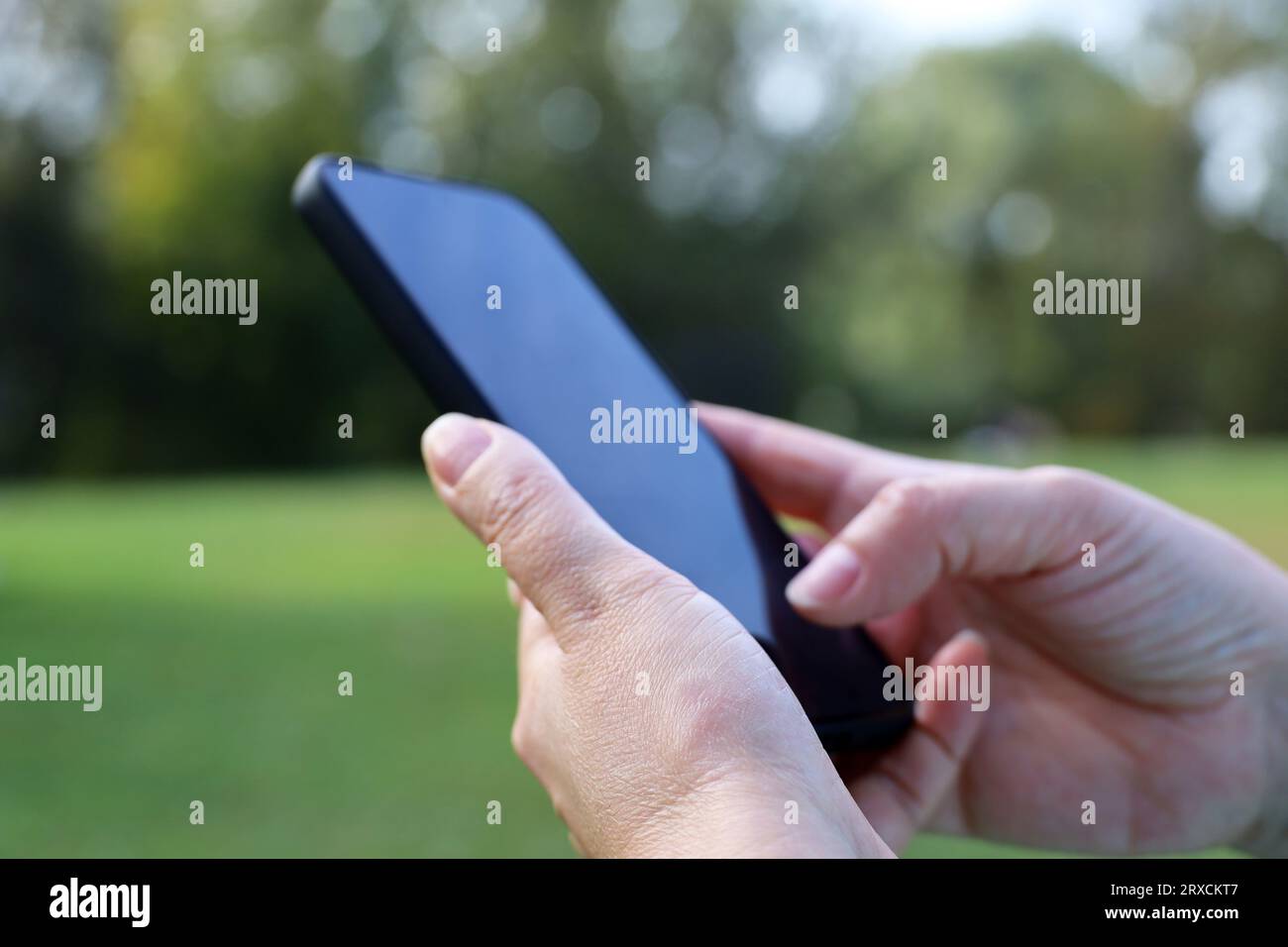 Smartphone in weiblichen Händen Nahaufnahme auf Parkhintergrund. Frau, die im Freien Handy benutzt Stockfoto