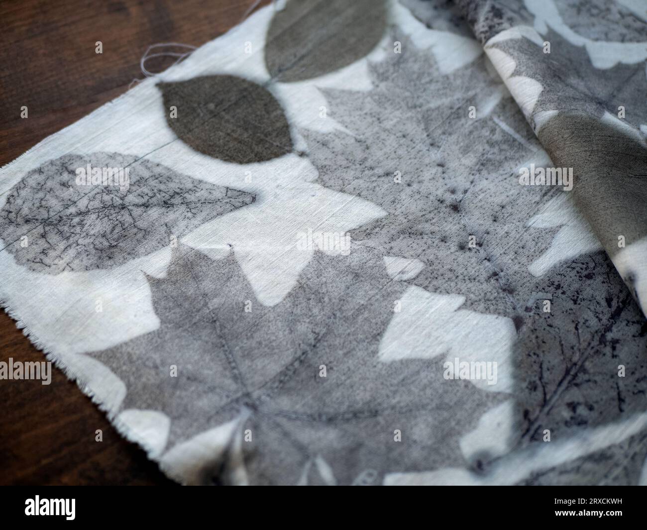 Grafik hinterlässt einen Druck auf Stoff, selektiver Fokus. Konzept der Naturfärbung, der Öko-Drucktechnik, des botanischen Drucks Stockfoto