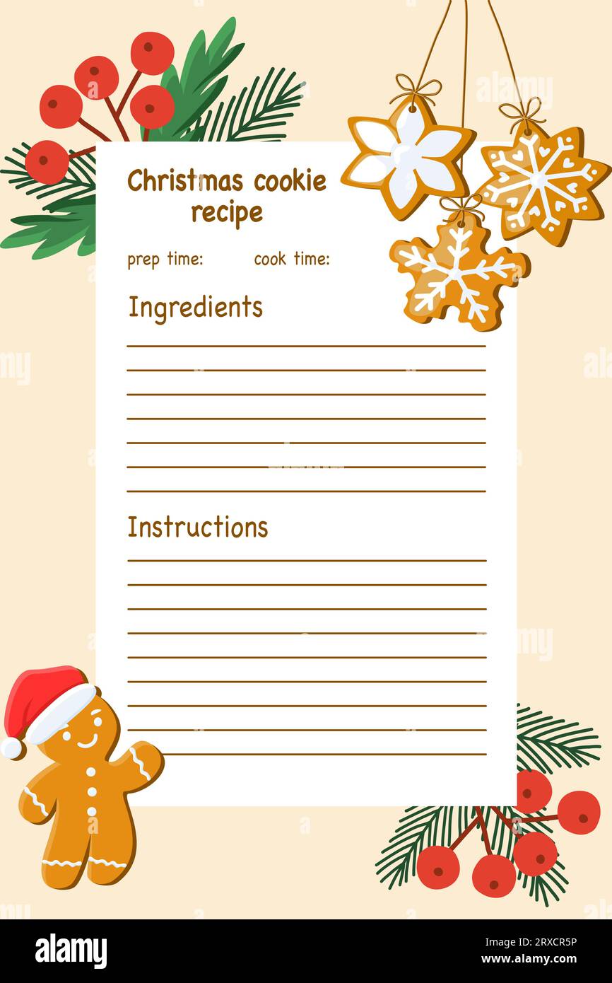 Leere Vorlagenkarte für Weihnachtskeksrezept mit niedlichem Lebkuchenmann-Charakter und Kiefernzweigen, Vektorillustration Stock Vektor