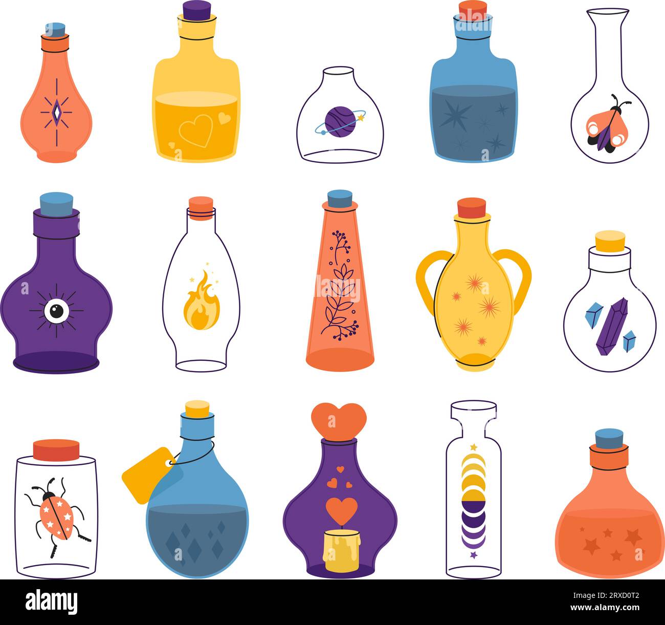 Giftflaschen mit Doodle. Hexentränke, Alchemie-Trank-Flasche. Vintage-Parfüm-Magie, Hexerei magische Getränke Elemente, anständige Vektorgrafik Stock Vektor