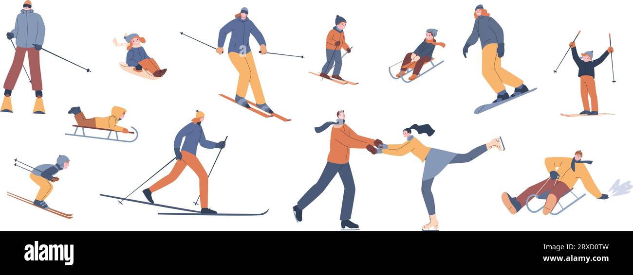 Winteraktivitäten für Kinder und Erwachsene. Aktivsport, Ski- und Schlittschuhlaufen, Snowboarden. Kinder auf Rodeln, weihnachtsfeiertage im Freien spielen Kicky Vektor-Set Stock Vektor