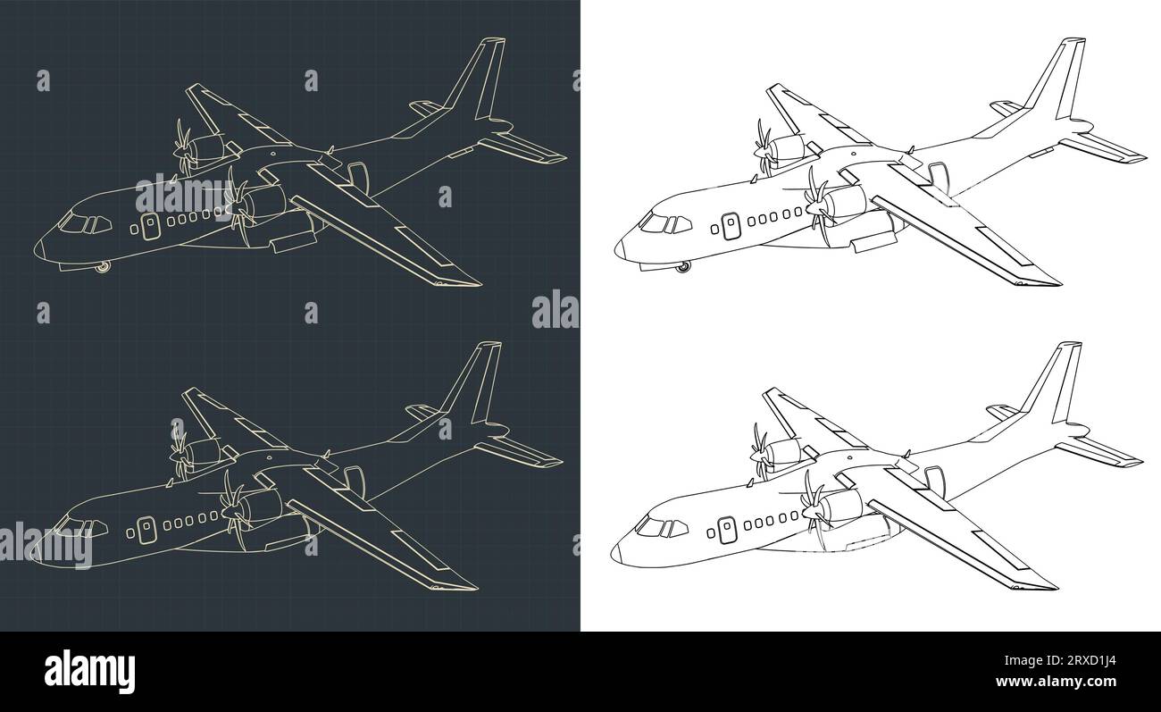 Stilisierte Vektorabbildungen von Bauplänen von Turboprop-Transportflugzeugen Stock Vektor