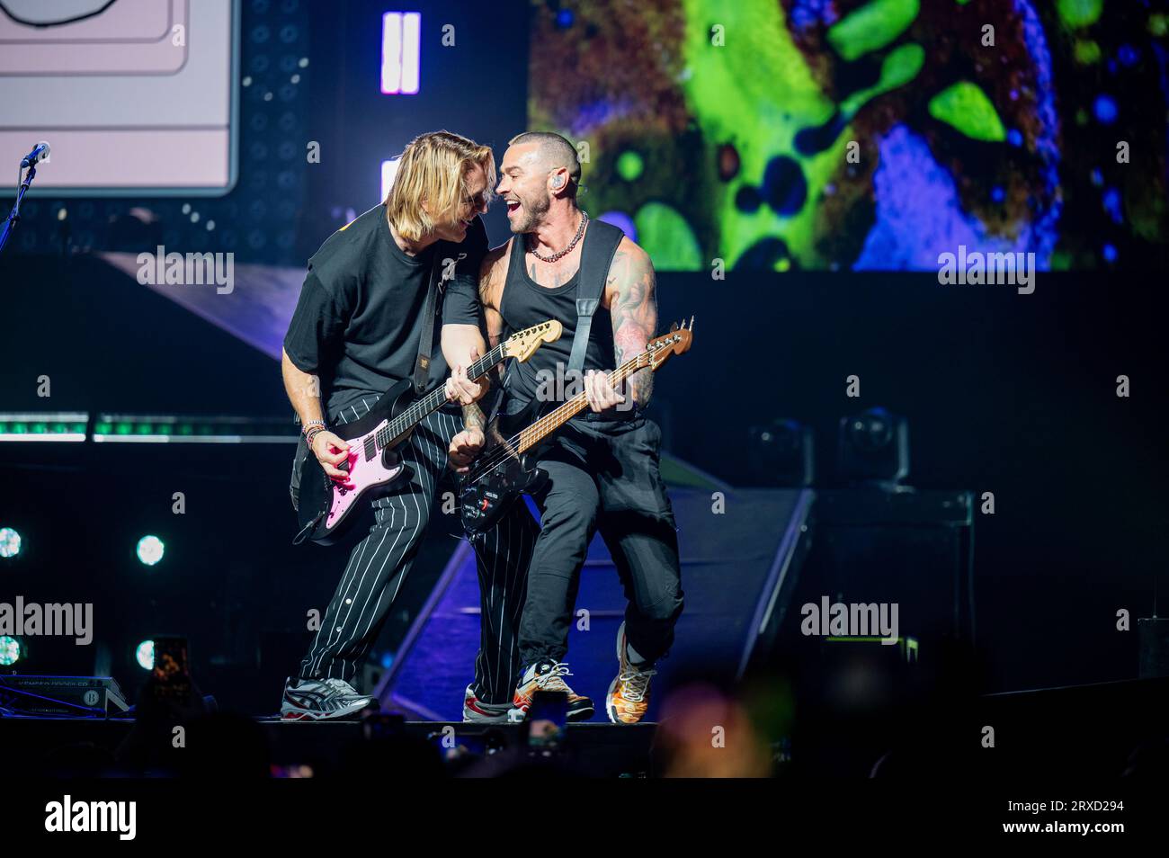Manchester, Großbritannien. September 2023. James Bourne, Matt Willis und Charlie Simpson von der Band Busted treten in der Manchester AO Arena auf. 24 . 2023 . Quelle: Gary Mather/Alamy Live News Stockfoto