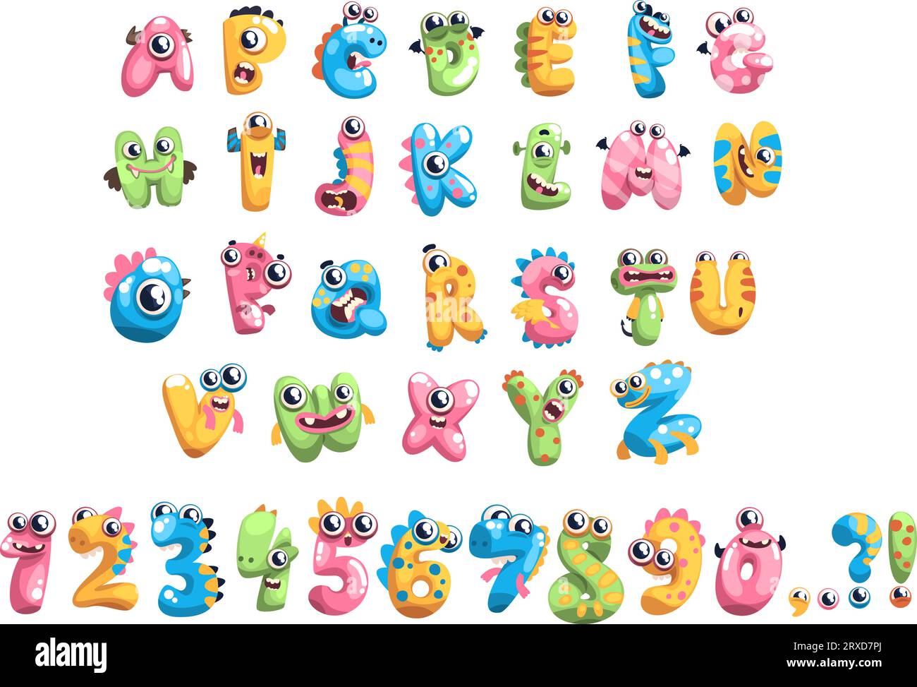 Monster-Alphabet. Monster Schriftart Crazy Fantastic Creatures Buchstaben fröhliche Buchstaben mit schreienden Augen lustige Kinder Handschrift englische Buchstaben Vektor-Illustration von typographischen Spaß Alien Stock Vektor