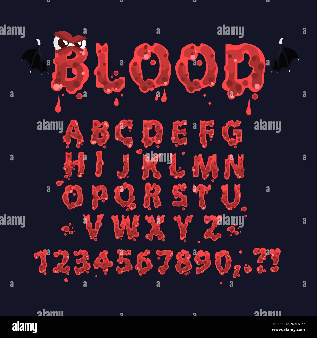 Blutalphabet. Blutige Typografie Schriftart für halloween Party oder gruseligen Horrorfilm, roter Tropfenflüssiger Buchstabe Terror Vampir Spukschrifttext, klassische Vektor-Illustration von Tropfenflüssigkeit Typografie Stock Vektor