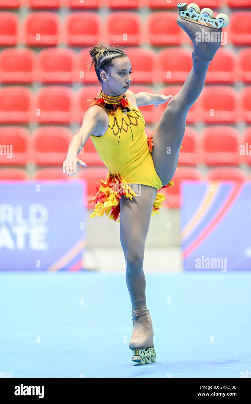 Giuliana SCAMARDA (ARG), während des Junior Ladies Inline, Short Program, bei den Artistic Skating World Championships Ibagu-Tolima 2023, im Parque Deportivo Municipal, am 22. September 2023 in Ibagu, Kolumbien. Quelle: Raniero Corbelletti/AFLO/Alamy Live News Stockfoto