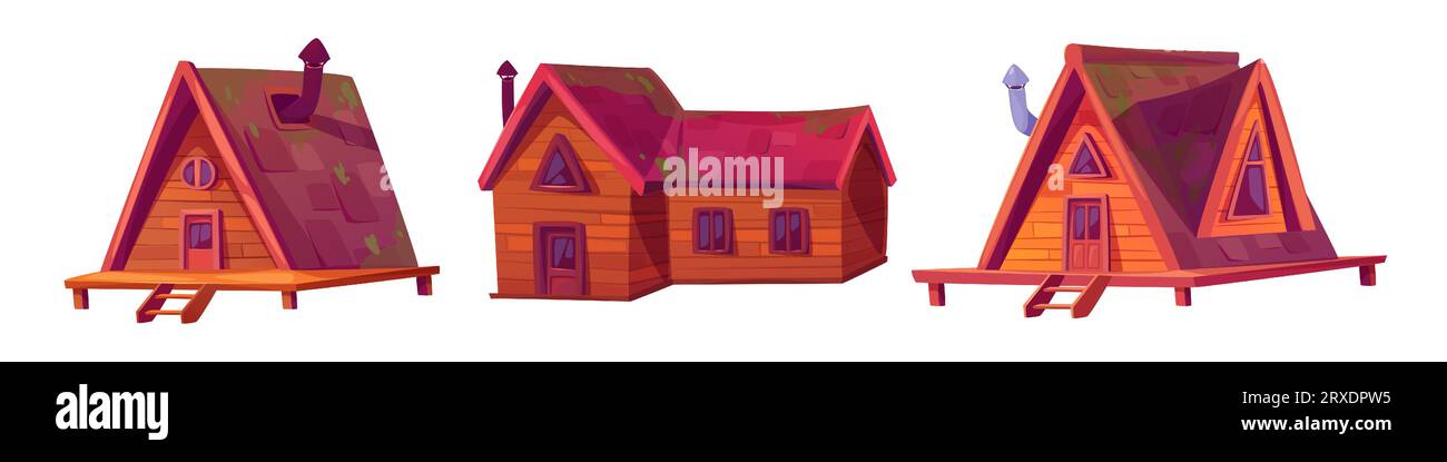 Holzkabine Clipart, Sommer Waldhaus Vektor-Set. Holzhütten-Symbol isoliert auf weißem Hintergrund. Holzhaus auf Pfählen mit Tür, Lodge, Fenster und Dach Illustration Kit. Stock Vektor