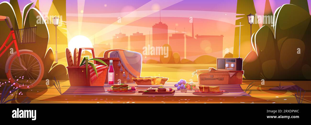 Retro-Picknick im Stadtpark bei Sonnenuntergang. Vektor-Karikaturillustration des appetitlichen Abendessens, das auf dem Rasen serviert wird, Vintage-Radio und Fahrrad, Sandwiches und Getränke auf der Decke, romantisches Datum auf urbanem Hintergrund Stock Vektor