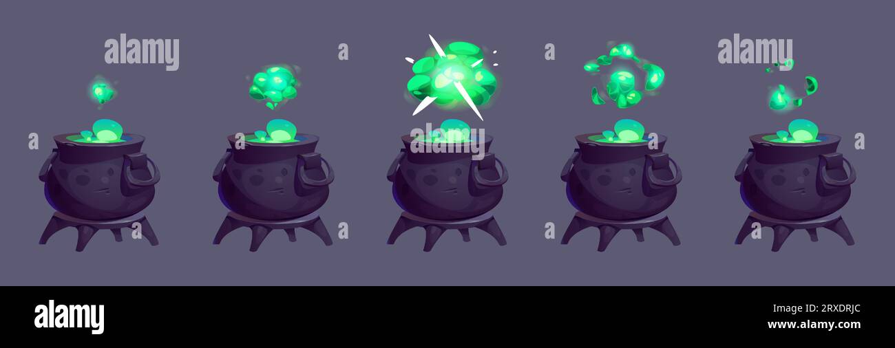 Zaubertrank kocht im alten Kessel. Vektor-Karikaturillustration des Hexentopfes mit giftiger grüner Substanz und Wolke des giftigen Gases mit Puffeffekt, Sprite-Animationsblatt, Hexenkochelixier Stock Vektor