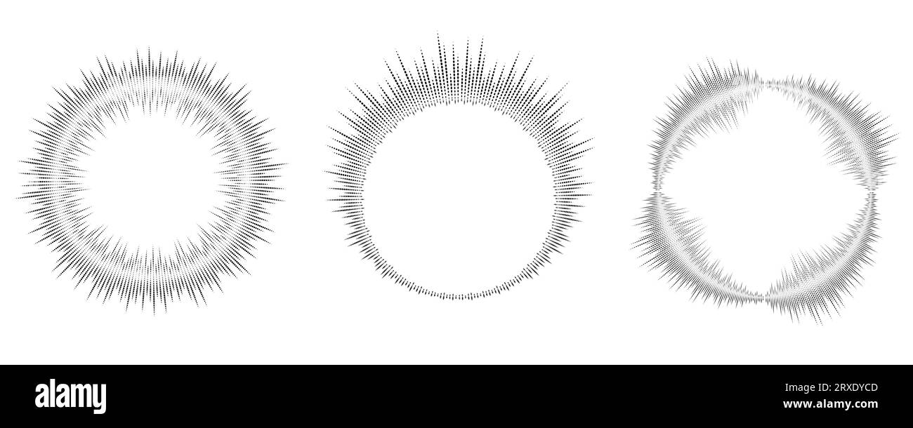 Kreisförmige Schallwelle. Audio-Musik-Equalizer. Runde kreisförmige Symbole festgelegt. Radiales Spektrum und Frequenzrahmen. Vektordesign Stock Vektor