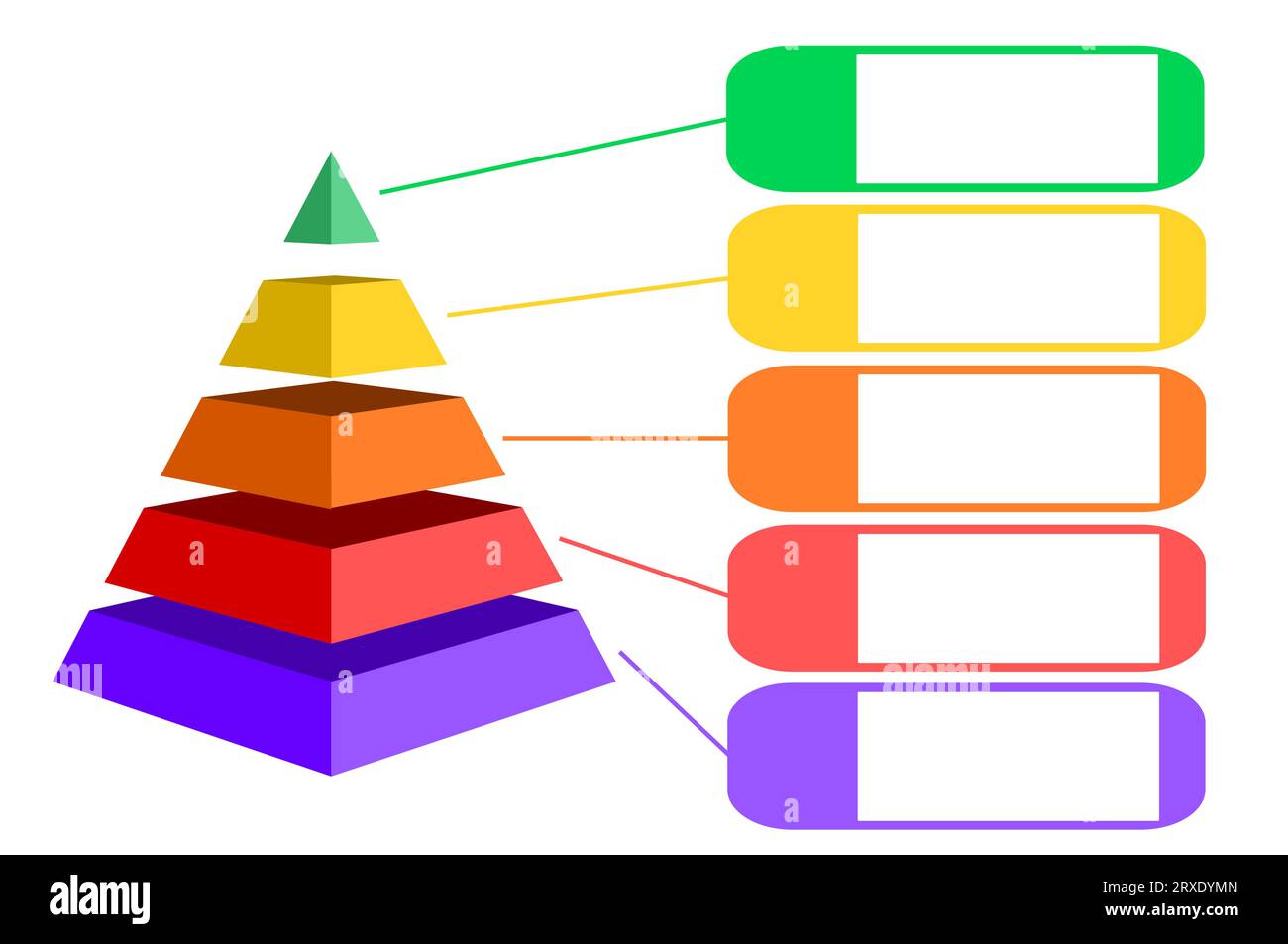 Infographische Illustration von lila mit rot mit orange mit gelben und grünen Dreiecken unterteilt und in fünf geschnitten und Etikett, Pyramidenform gemacht Stock Vektor