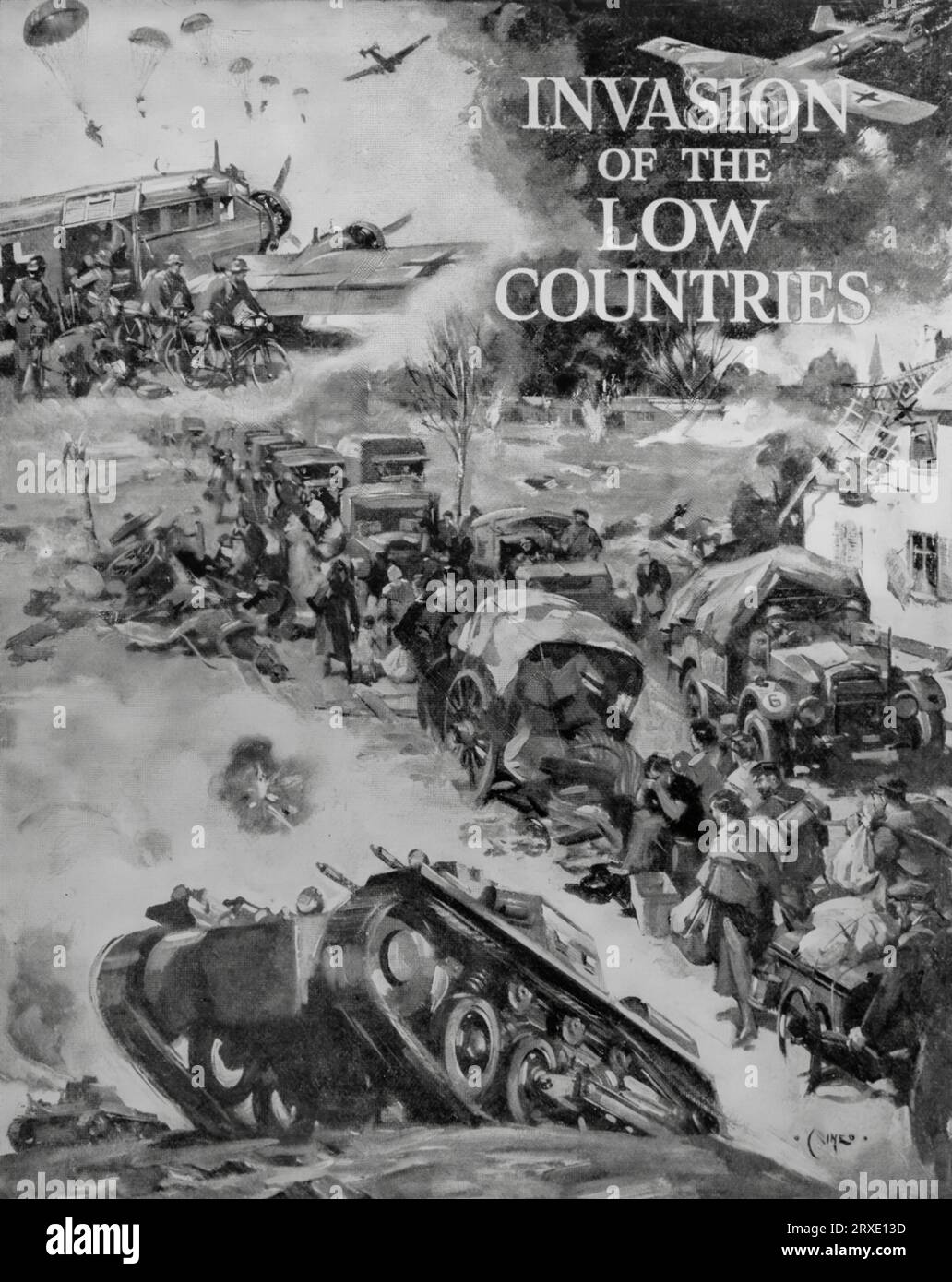 Eine Collage aus dem Mai 1940 von Terence Tenison Cuneo, einem englischen Maler, der die Invasion der unteren (Benelux-)Länder durch Deutschland zu Beginn des Zweiten Weltkriegs illustriert. Stockfoto