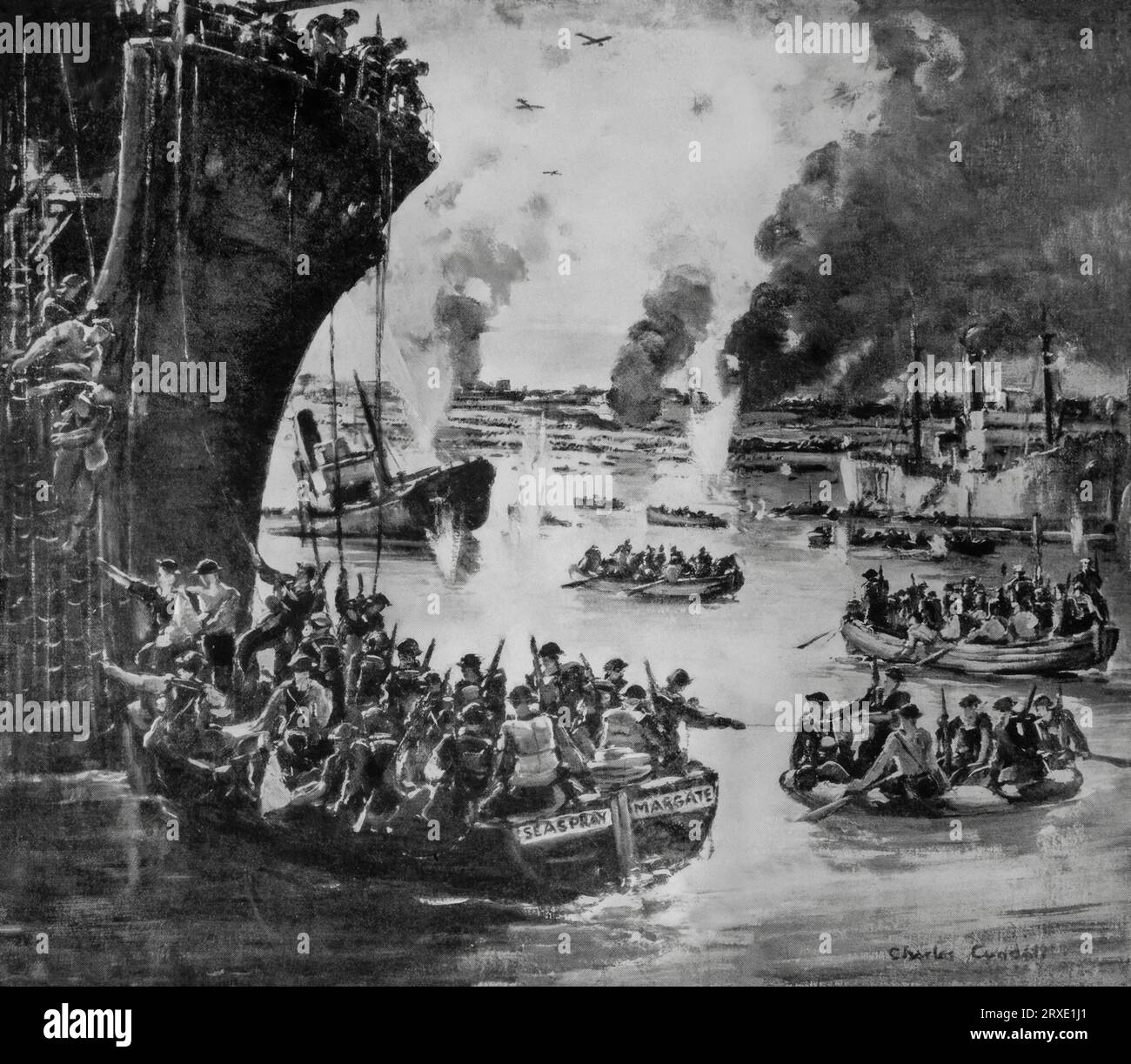 Eine Illustration von Charles Ernest Cundall, britischer Künstler der Dunkirk Evakuierung, Codename Operation Dynamo, die Evakuierung von mehr als 338.000 alliierten Soldaten während des Zweiten Weltkriegs von den Stränden und dem Hafen von Dünkirchen im Norden Frankreichs, zwischen dem 26. Mai und dem 4. Juni 1940. Stockfoto