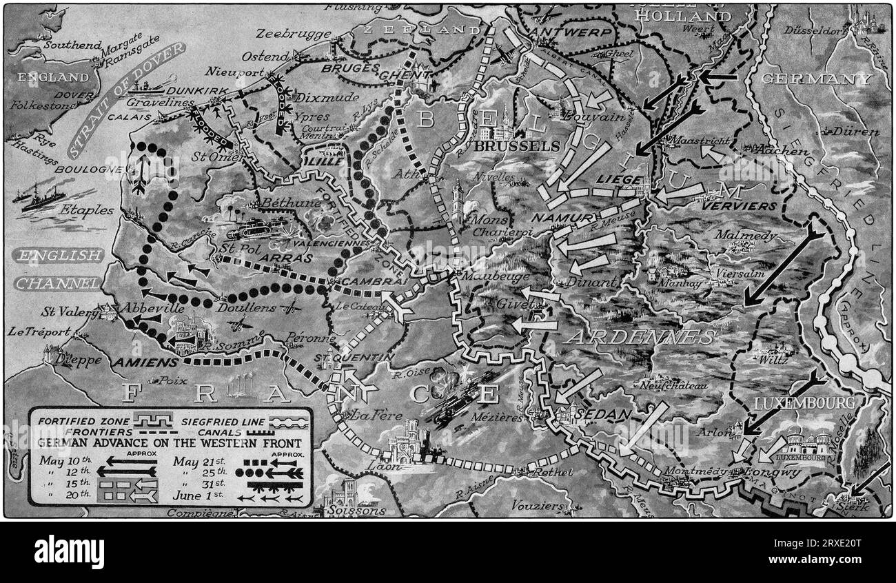 Eine Karte, die den deutschen Wermacht-Vormarsch durch Holland, Belgien und Frankreich vom 10. Mai bis zum 1. Juni 1940 zeigt. Die Verbündeten wurden überrascht und fielen vor ihrer Evakuierung nach Dunkirk zurück. Stockfoto