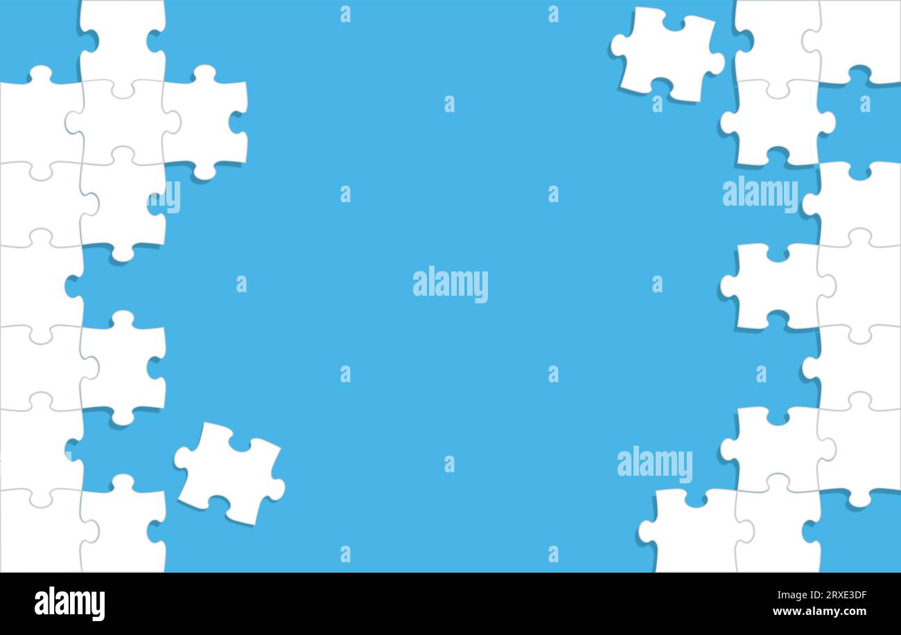 Weiße Puzzle-Rahmen und Hintergrundvorlage auf blauem Hintergrund. Vektorillustration. Stock Vektor