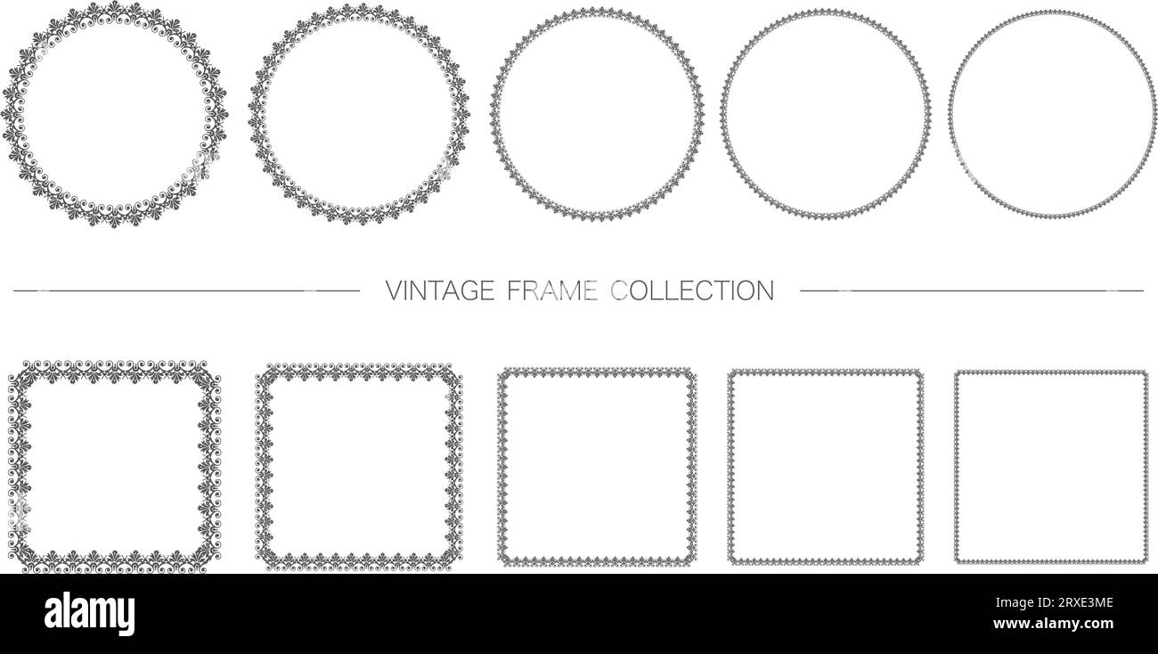 Runde und quadratische dekorative Vintage-Rahmen isoliert auf weißem Hintergrund. Vektorillustration. Stock Vektor