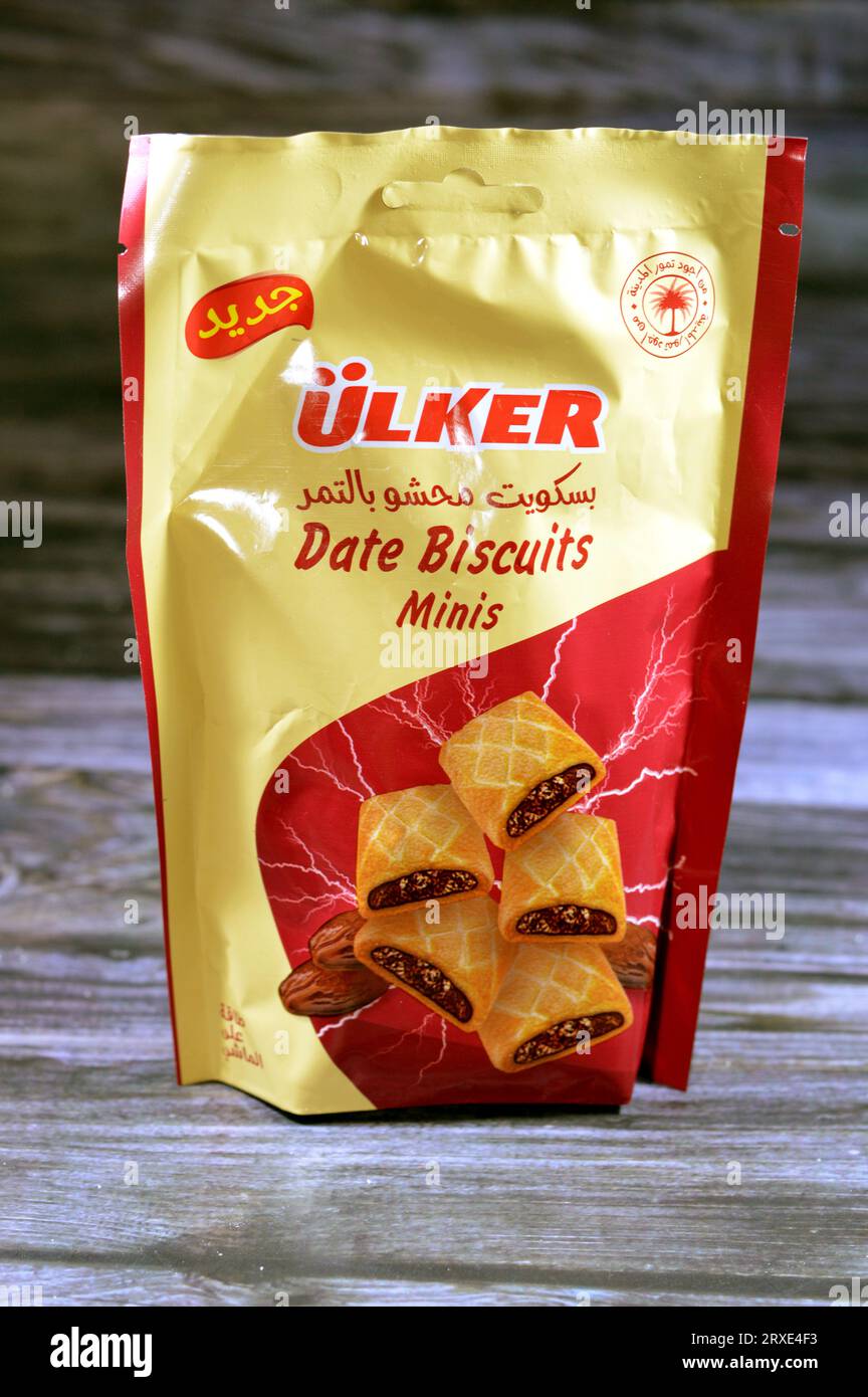 Kairo, Ägypten, 11. September 2023: Ulker Date Biscuits Minis, Ulker Tamr Date Biscuits wird aus reiner Butter und Datteln, nahrhaftem Snack, echten Datteln i hergestellt Stockfoto