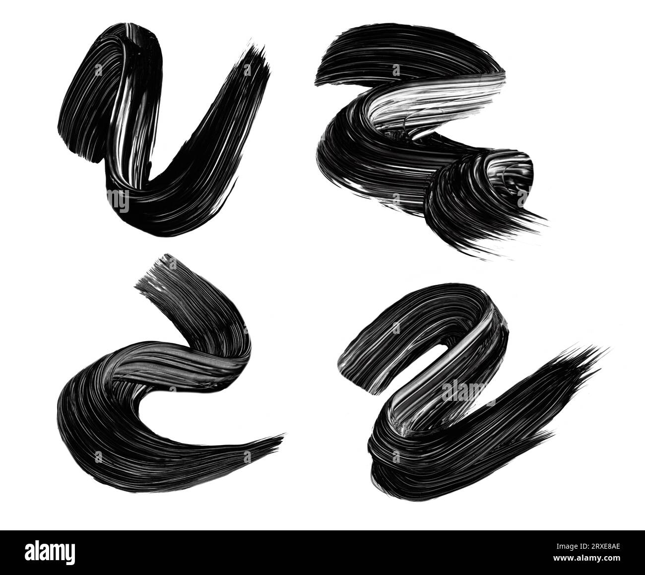 Set aus schwarzem Mascara-Pinselstrich isoliert auf weißem Hintergrund. Mascara verschmierter Abstrich für Design. Stockfoto