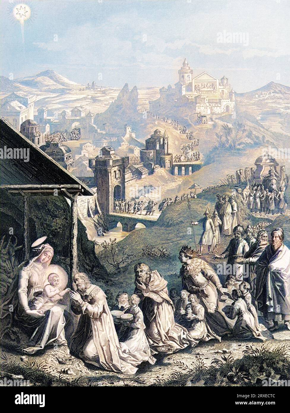 Die Anbetung der Könige. Farbige Illustration für das Leben unseres Herrn Jesus Christus, geschrieben von den vier Evangelisten, 1853 Stockfoto