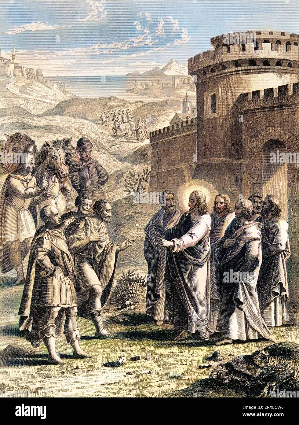Jesus heilt den Sohn eines Adligen aus der Stadt Kapernaum. Farbige Illustration für das Leben unseres Herrn Jesus Christus, geschrieben von den vier Evangelisten, 1853 Stockfoto