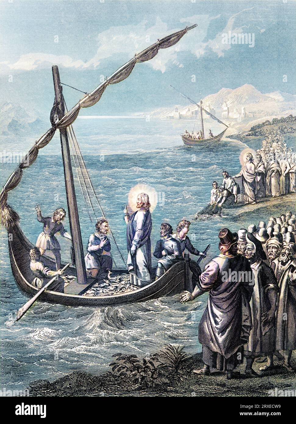 Jesus und der wundersame Fischfang. Farbige Illustration für das Leben unseres Herrn Jesus Christus, geschrieben von den vier Evangelisten, 1853 Stockfoto