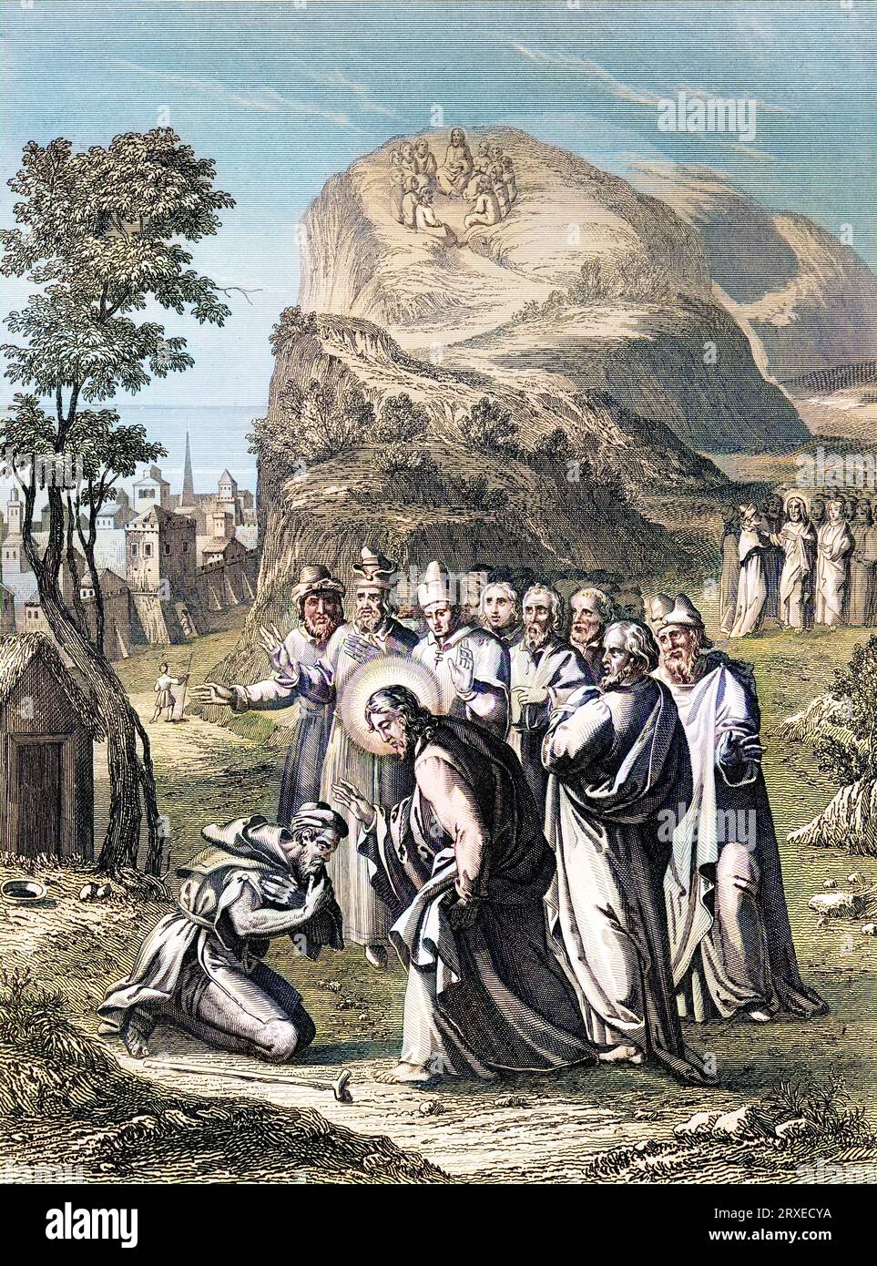 Jesus heilt einen Aussätzigen in Samaria. Farbige Illustration für das Leben unseres Herrn Jesus Christus, geschrieben von den vier Evangelisten, 1853 Stockfoto
