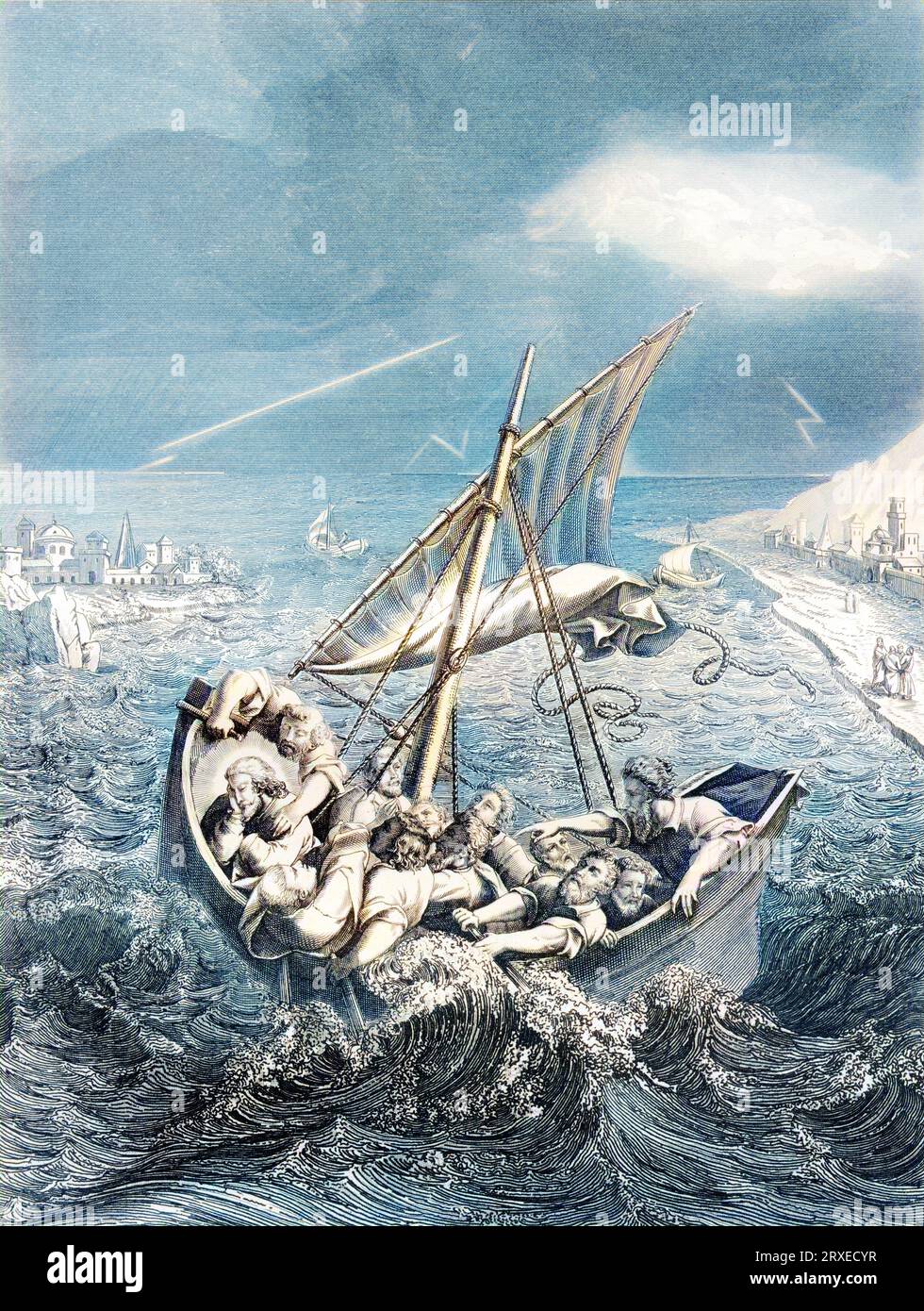 Jesus beruhigt den Sturm auf dem Galiläischen Meer. Farbige Illustration für das Leben unseres Herrn Jesus Christus, geschrieben von den vier Evangelisten, 1853 Stockfoto