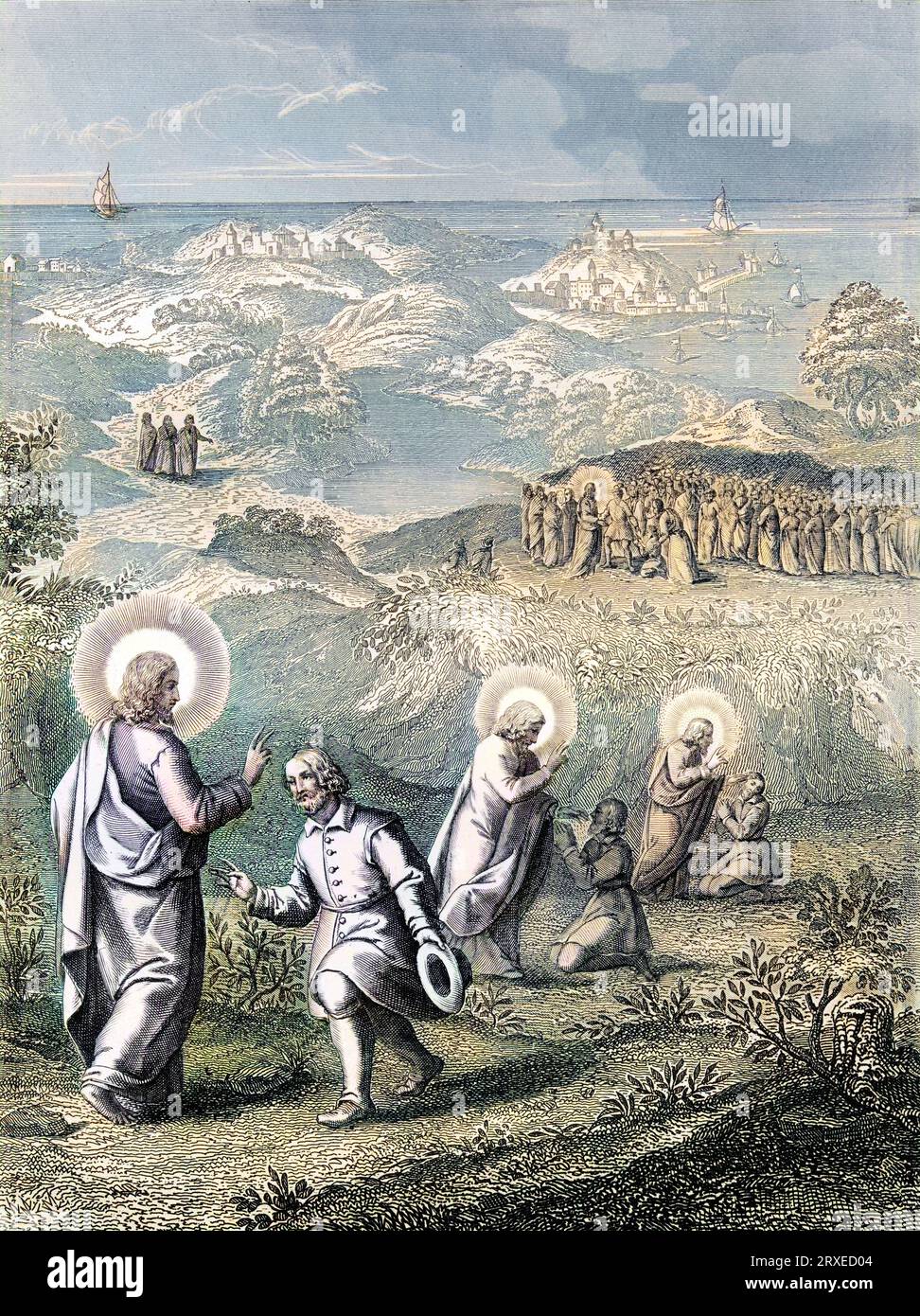 Jesus heilt einen tauben Mann aus Decapolis. Farbige Illustration für das Leben unseres Herrn Jesus Christus, geschrieben von den vier Evangelisten, 1853 Stockfoto