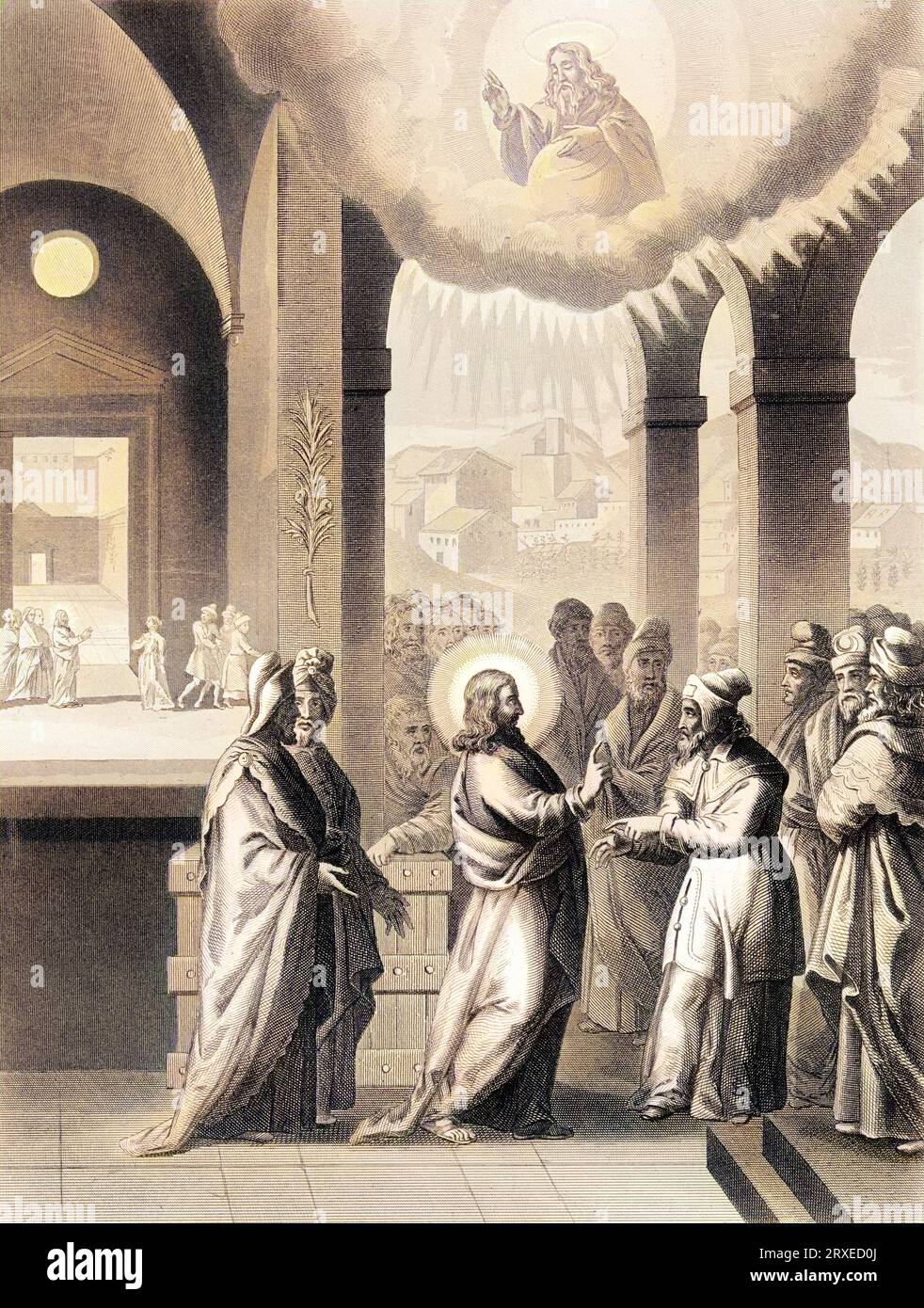 Jesus sprach wieder zu den Menschen, er sagte: Ich bin das Licht der Welt. Wer mir folgt, wird nie in der Dunkelheit wandeln. Farbige Illustration für das Leben unseres Herrn Jesus Christus, geschrieben von den vier Evangelisten, 1853 Stockfoto