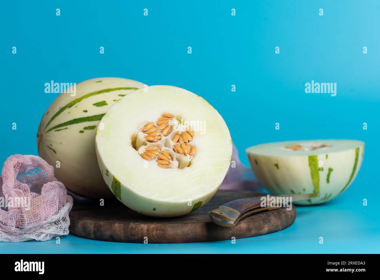 Elfenbeinfarbene gaya-Melone mit grün gepunkteten Streifen und Flecken auf blauem Hintergrund. Bunte reife, saftige und weiche Früchte, süßer Geschmack mit blumigen Noten. Ganz und gar Stockfoto