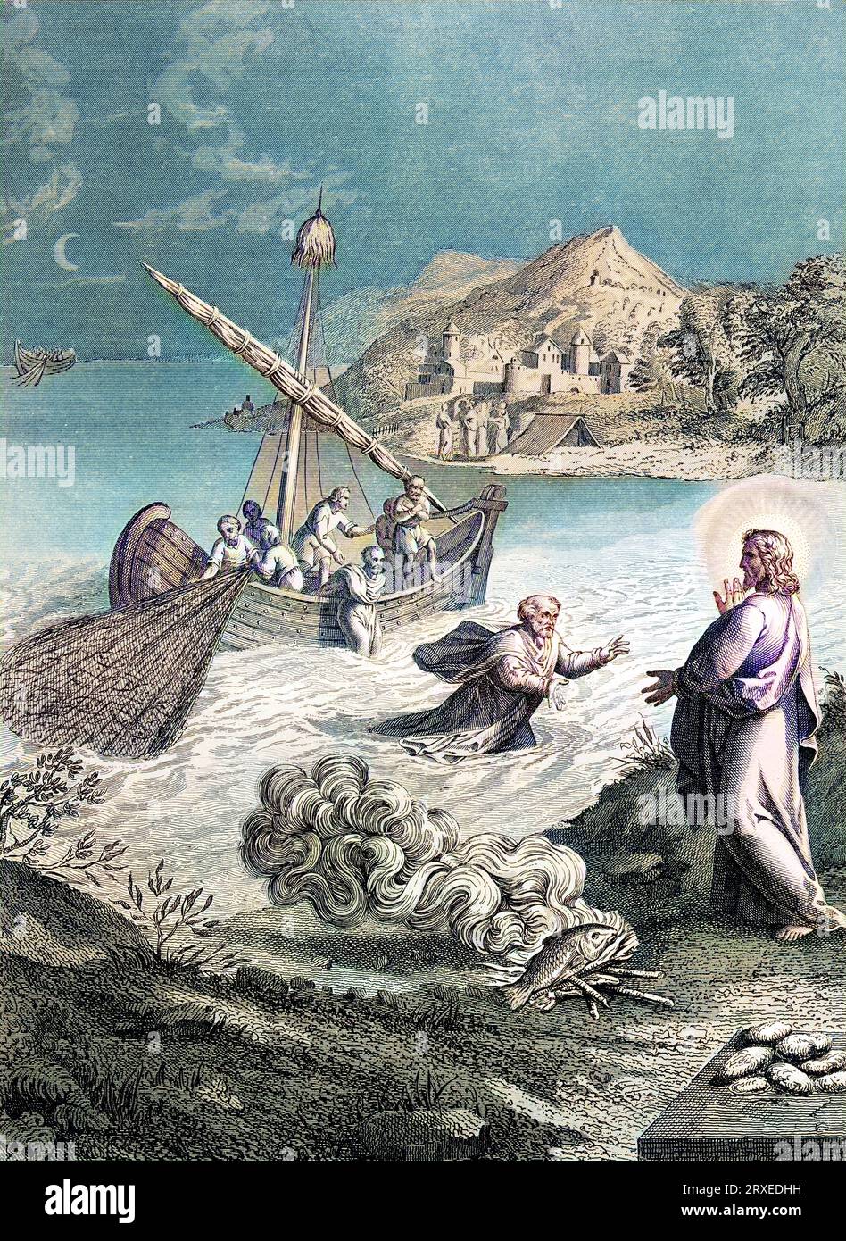 Der zweite wundersame Fischfang. Farbige Illustration für das Leben unseres Herrn Jesus Christus, geschrieben von den vier Evangelisten, 1853 Stockfoto
