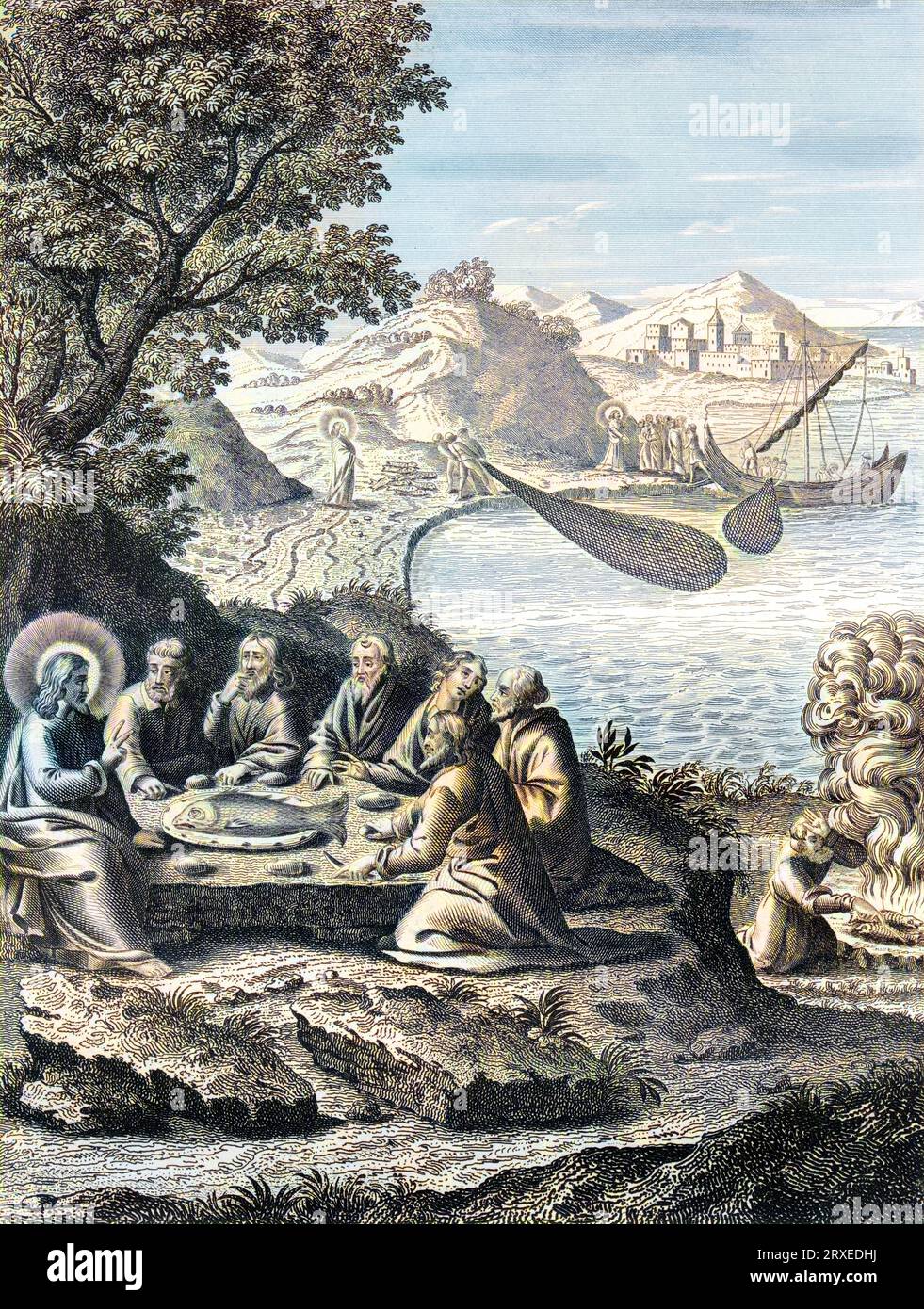 Jesus isst mit seinen Jüngern im Galiläischen Meer. Farbige Illustration für das Leben unseres Herrn Jesus Christus, geschrieben von den vier Evangelisten, 1853 Stockfoto