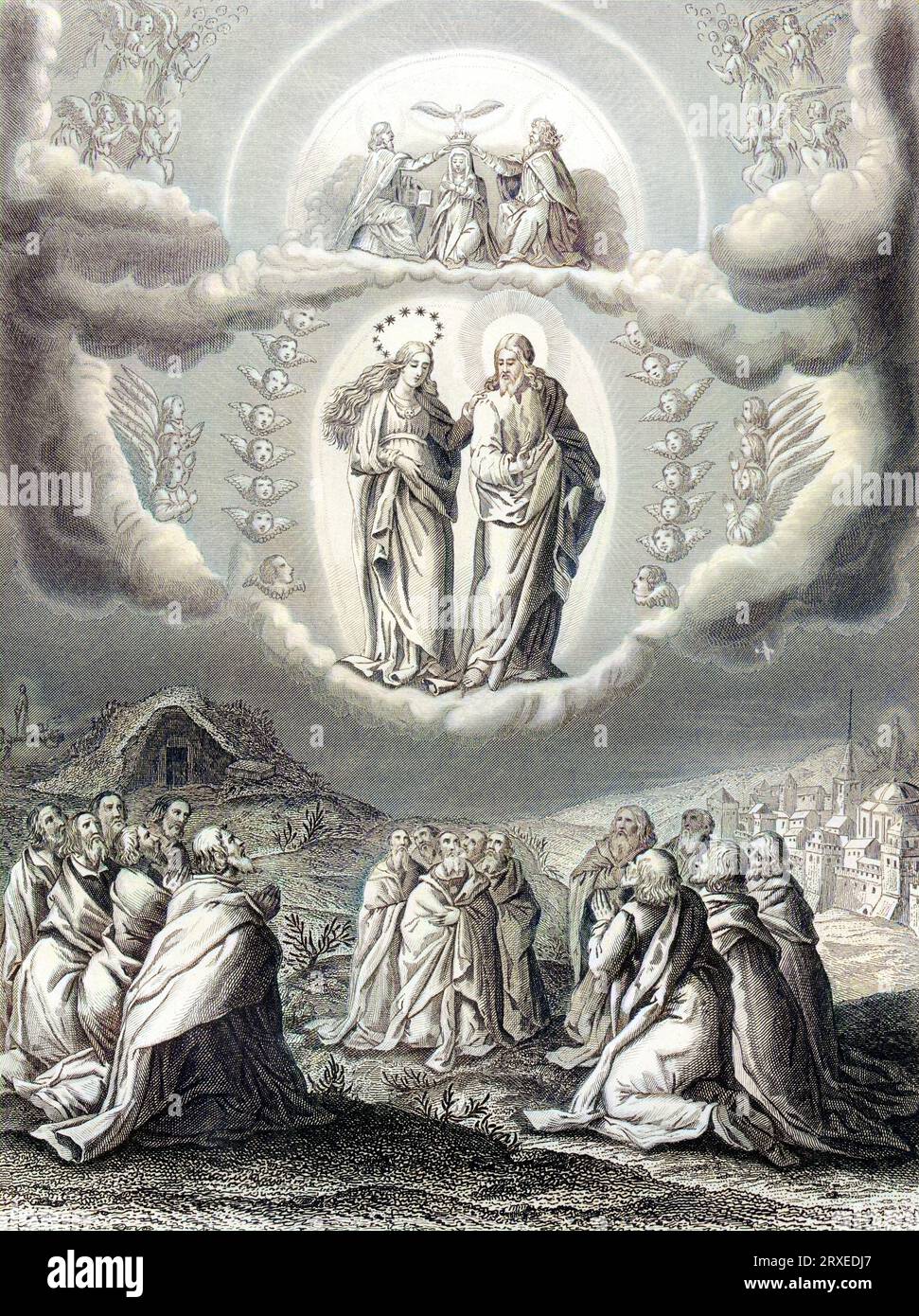 Die Jungfrau Mutter Gottes wurde nach ihrer Annahme physisch zur Königin des Himmels gekrönt. Farbige Illustration für das Leben unseres Herrn Jesus Christus, geschrieben von den vier Evangelisten, 1853 Stockfoto