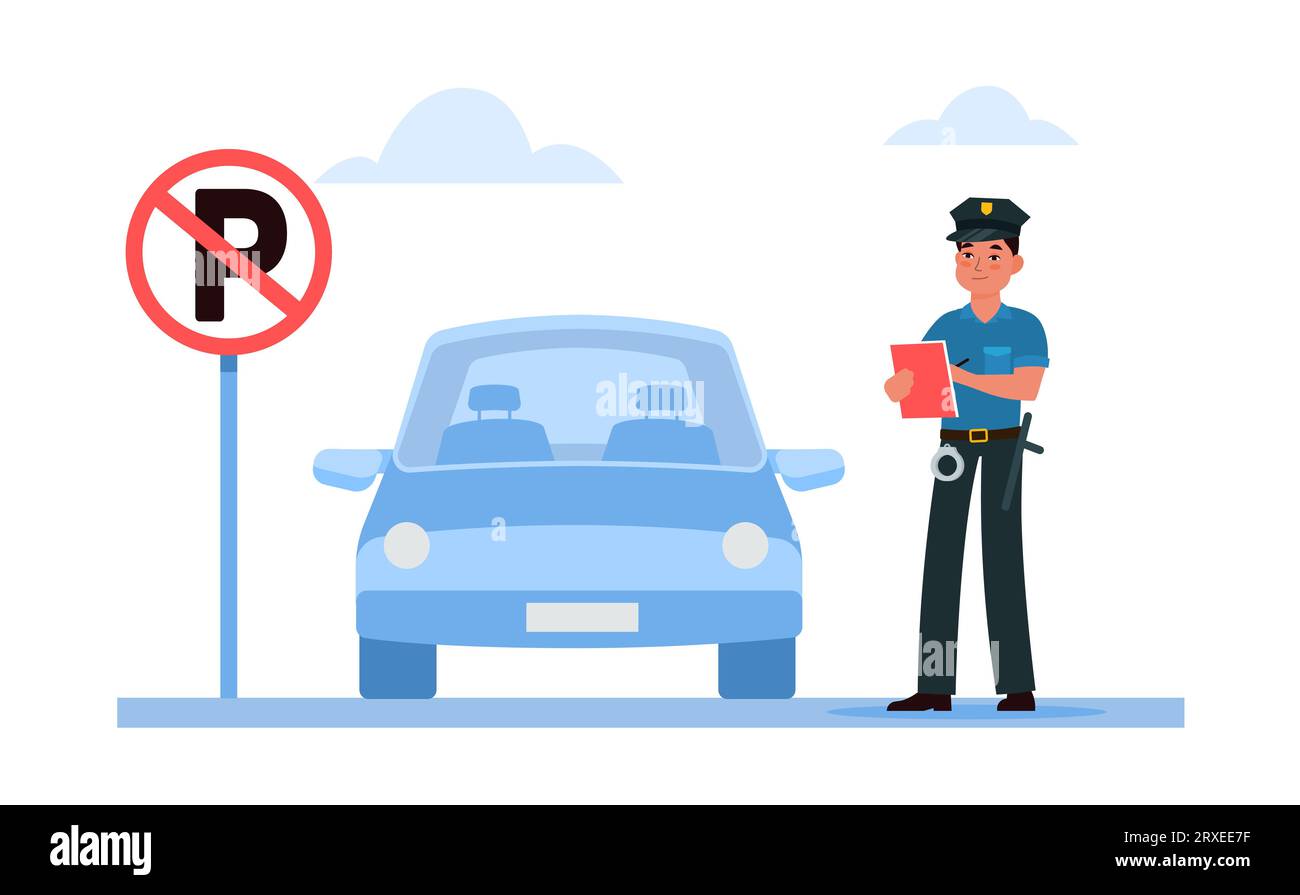 Der Polizist schreibt Fahrkarten für das Parken des Autos in einem Bereich, in dem das Parken verboten ist. Verkehrsregeln für den Stadtverkehr. Straßenschild für Autostopp. Cartoon Stock Vektor