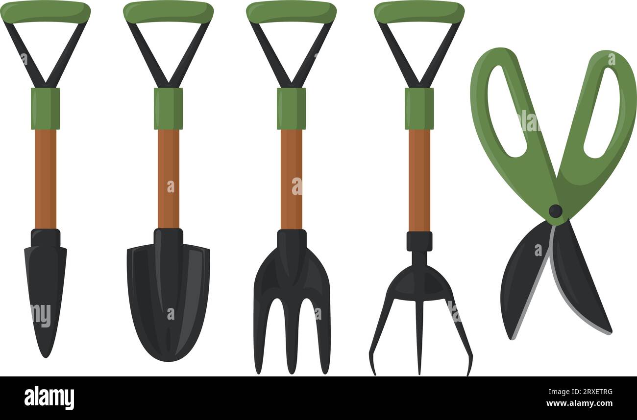 Set mit kleinen Gartenwerkzeugen, vektorflach Stock Vektor