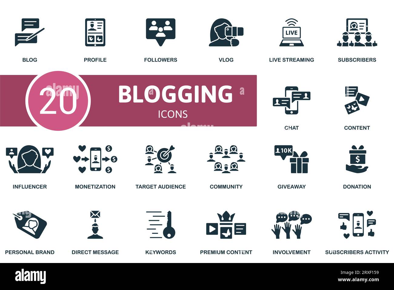 Blogging-Set. Kreative Symbole: Blog, Profil, Follower, vlog, Live-Streaming, Abonnenten, Chat, Inhalt, Influencer, Monetarisierung, Zielgruppe Stock Vektor