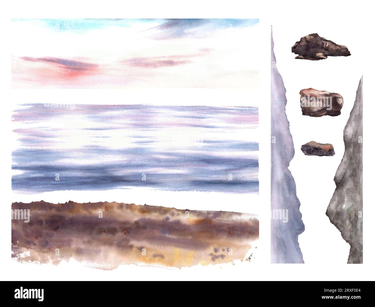Watercolor Seascape Constructor Zusammenbauen Sie sich. Details von Meer, Himmel, Silhouetten von Bergen, Ufer mit Sand, Steine. Handbemalt Stockfoto