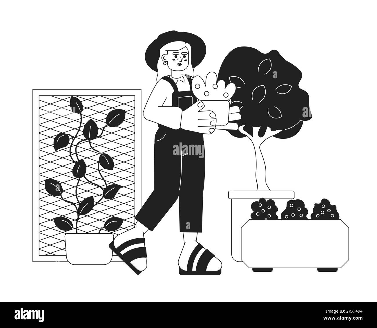Ältere Dame in Garten schwarz-weiß Cartoon flache Illustration Stock Vektor