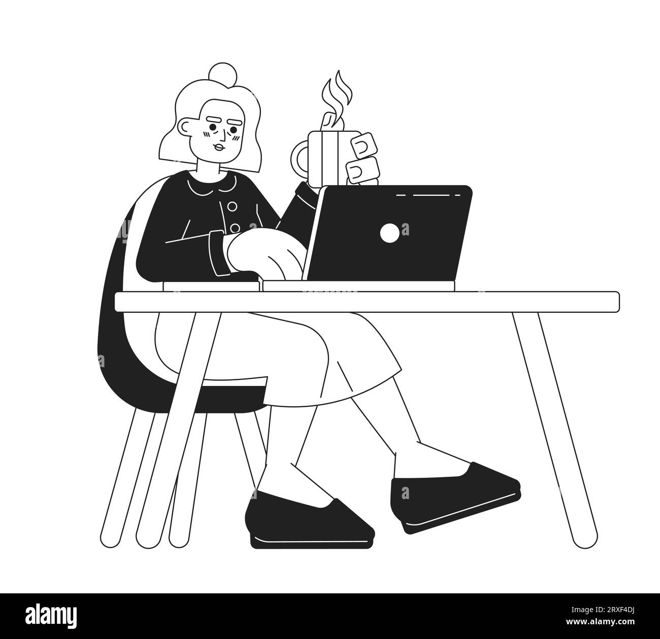 Rentnerin ältere Frau schreibt Laptop schwarz-weiß Cartoon flache Illustration Stock Vektor