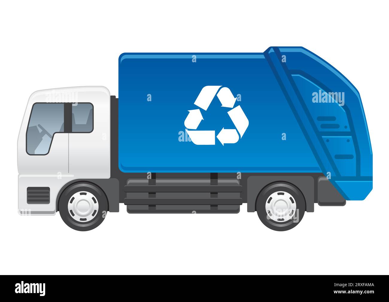 Vector Blue Recycling Truck Side View Illustration isoliert auf weißem Hintergrund. Stock Vektor