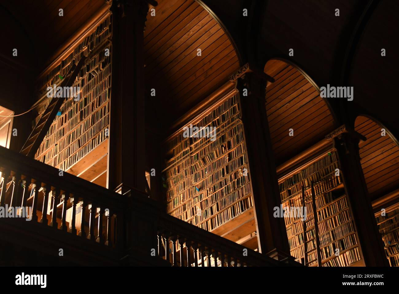 Alte Bücher in den Regalen in der Alten Bibliothek im Trinity College, Dublin - Irland Stockfoto