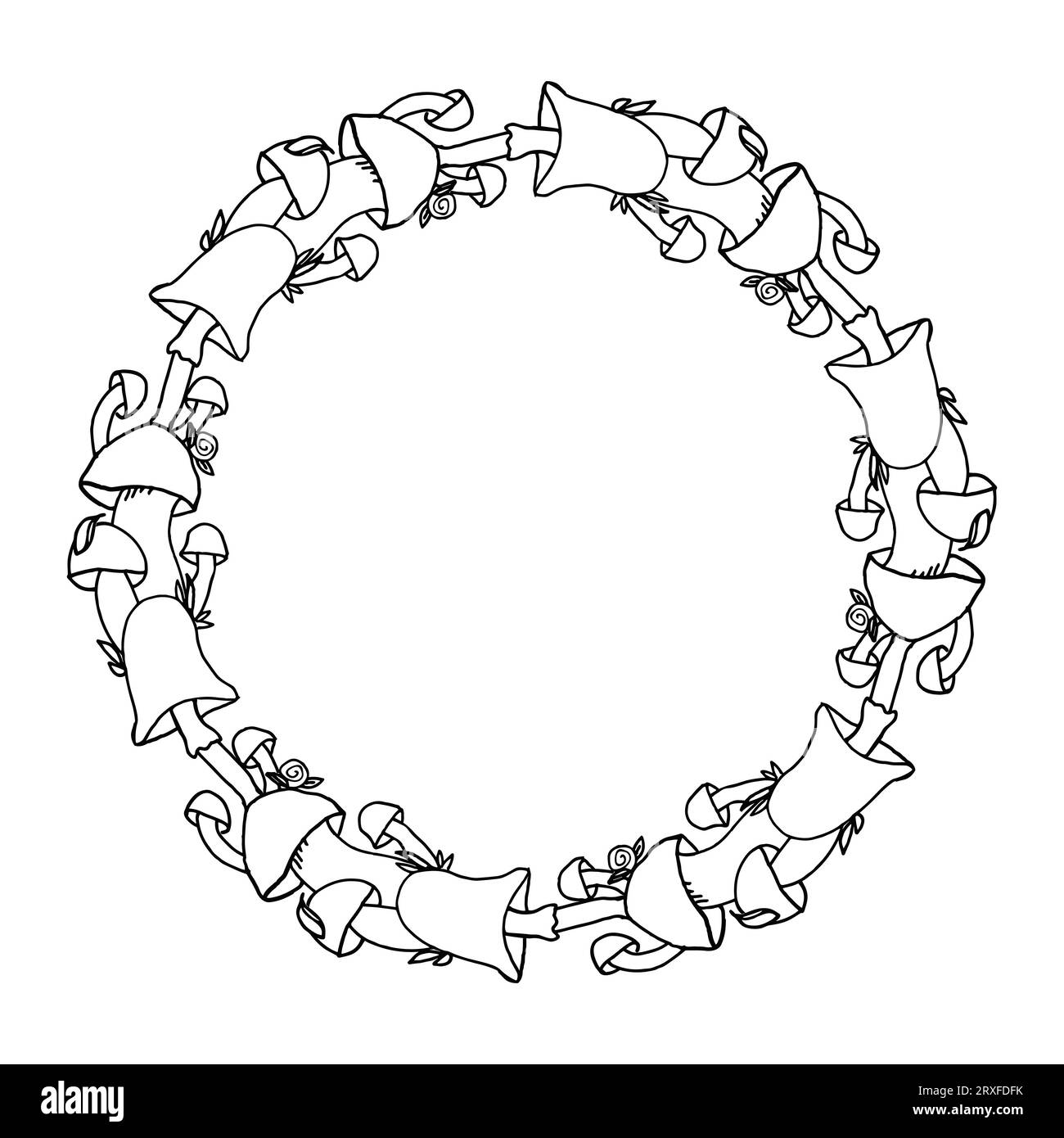 Pilzherbstkreiskranz mit schwarzen und weißen Pilzen für Textildesign oder Tapete, Sammelalbum. Vektorhintergrund mit handgezeichnetem Element Stock Vektor