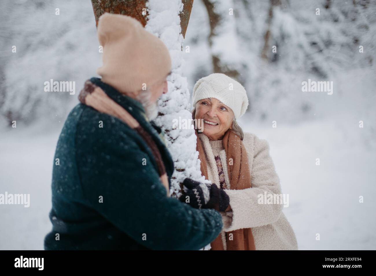 Elegantes Seniorenpaar, das an einem Baum im verschneiten Park steht, an kalten Wintertagen. Stockfoto