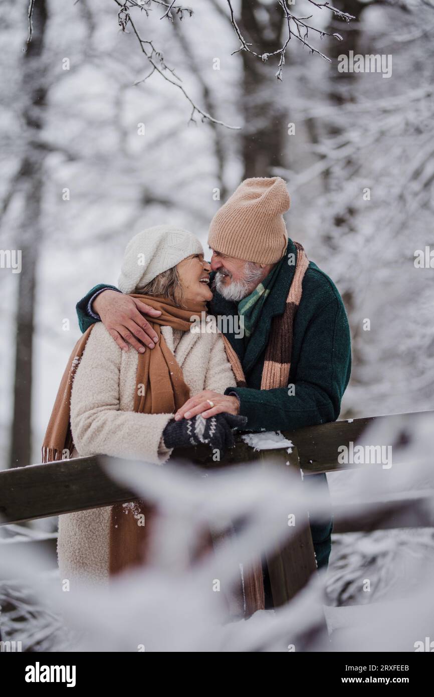 Elegantes Seniorenpaar, das sich im verschneiten Park küsst, an kalten Wintertagen. Stockfoto