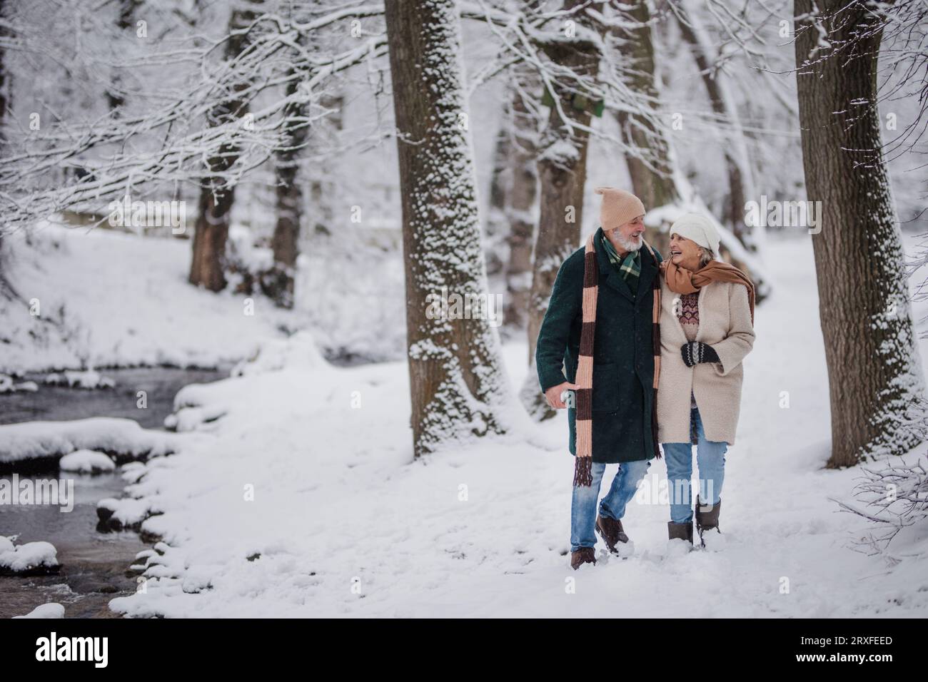 Elegantes Seniorenpaar, das im schneebedeckten Park in der Nähe des Flusses spaziert, an schneebedeckten Wintertagen. Stockfoto